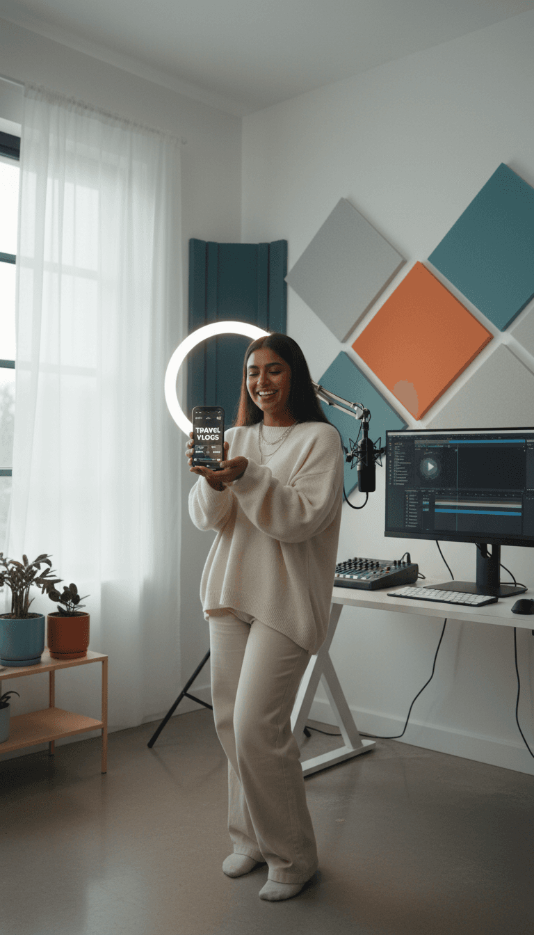 مؤثر اجتماعي يسجل رسالة فيديو شخصية في استوديو حديث