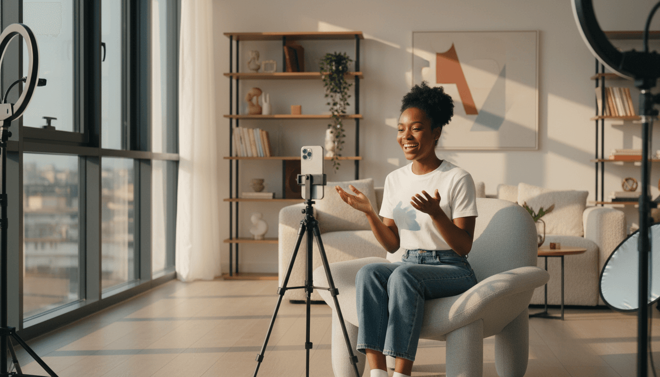 Creator recording a personalized video message in a modern home studio with professional lighting